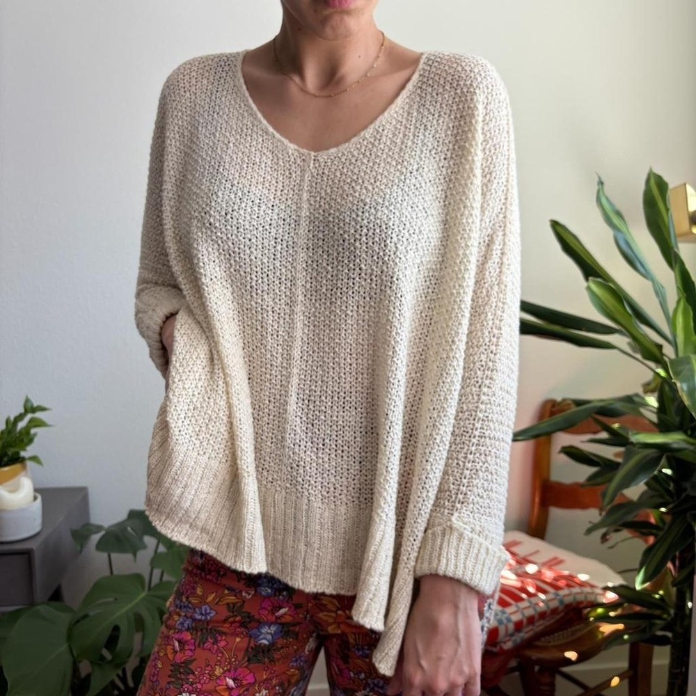 Willows Ivory Oversized Open Knit V-Neck Sweater Cream Boho 3/4 Sleeve